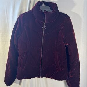 TwentyFourSeven Women’s Velvet Puffer Jacket Burgundy Red Zip Up Coat Size S